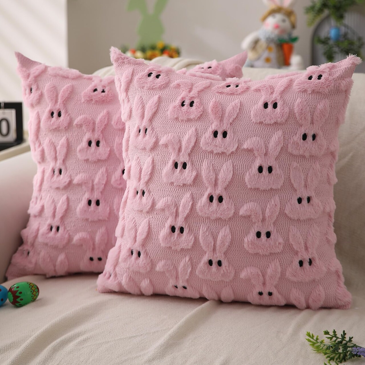 Easter Pillow Covers 18x18 inch Set of 2 Easter Decoration Pink Rabbit Soft Plush Faux Fur Jacquard Throw Pillows for Bedroom Sofa Holiday Festivals Home Decor FHJ-07B18